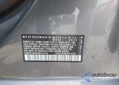 2019 Volkswagen Jetta 1.4T R-Line/1.4T S/1.4T Se из США, поврежденный, VIN 3VWC57BU6KM201034